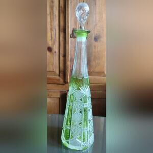 Val St Lambert Numbered Glass Double Etched Carafe Decanter Lime Green Vintage